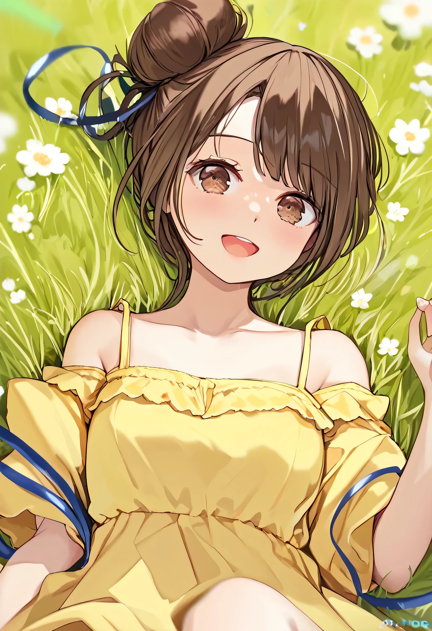 best quality,ultrares,masterpiece:1.2) Portrait of ****ung girl laying on grass in sunny weather, solo, excited expression, (Brown hair tied in bun, with bangs), (Large expressive brown eyes) adorable face (she is wearing a yellow off shoulder sundress, barefoot) (blurred background)