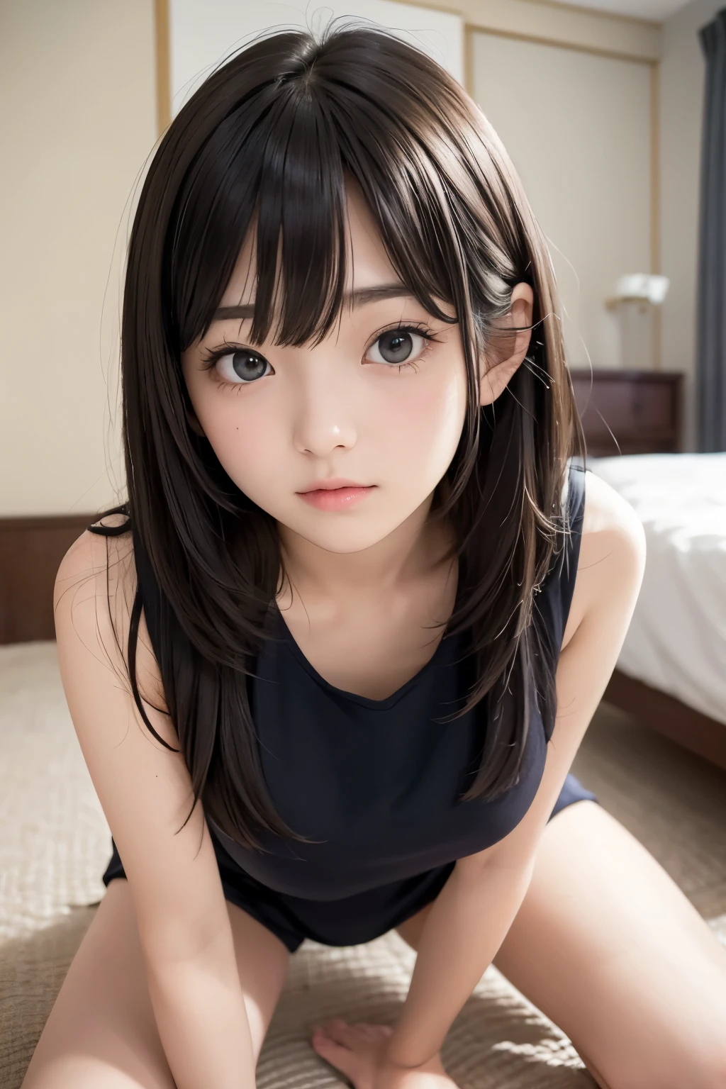 Best Quality,masterpiece,Very detailed、High resolution, Very detailed, Best Qualityの写真,Teen,Age 15,High school girl,Idol,beautiful girl, Long Hair, straight, With bangs, Black Hair,Detailed eyes, Big Eyes,cute, cute, cute日本人女性、Very delicate and beautiful face,Hotel Rooms,Lie down in bed, Perfect dynamic composition,Simple wall background,　Fair-skinned girl, kind,Junior high school students,Kneel on the floor,Big Same, おPussy, Pussy, Nipples, I can see your panties,Slender thighs seen from the front, 18 years old, Data,Adorable , 美しいJunior high school students, Big Eyes, 美しいHigh school girl, Selfie, Personal photo shoot,Selfieの角度,Women&#39;s Room,indoor , Nipples, High school girl（Hmmmm）,She smiles happily at me, Natural Hair