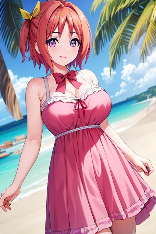 beautiful detailed eyes, beautiful and detailed lips, extremely detailed eyes and face, long eyelashes, 1 girl, anime girl, beautiful woman, adult woman, Red hair, short hair, yellow bow, big breasts, pink eyes, smile, body faith, standing, ropa interior rosa, background of a beach (The best quality, 4k, 8K, high resolution, masterpiece)