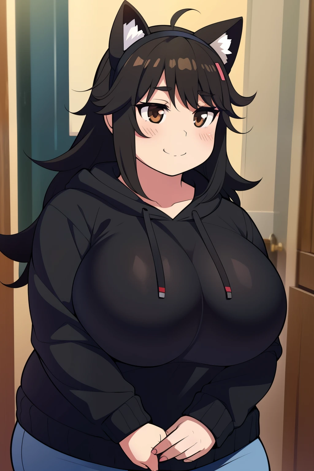 Chubby girl with big breasts, black hair, brown eyes, long messy hair, blushing smile, black cat ears hoodie