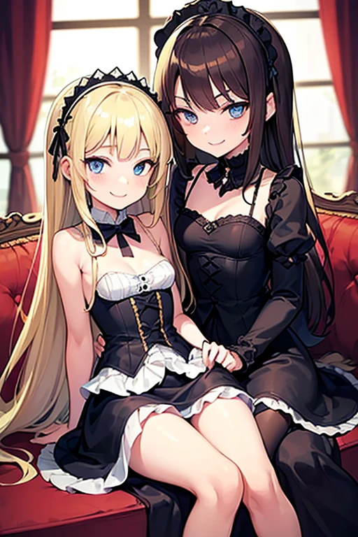 2 girls, masterpiece, best quality, detailed clothes, one girl has green eyes, black hair, long hair, bangs, with large breasts, and is wearing a pretty black and gold dress with a skirt, and is smiling, the other girl is a young, blonde haired girl with blue eyes and medium breasts and is wearing a comfortable white t-shirt and black lace panties, and is also smiling, as well as shorter than the black haired girl