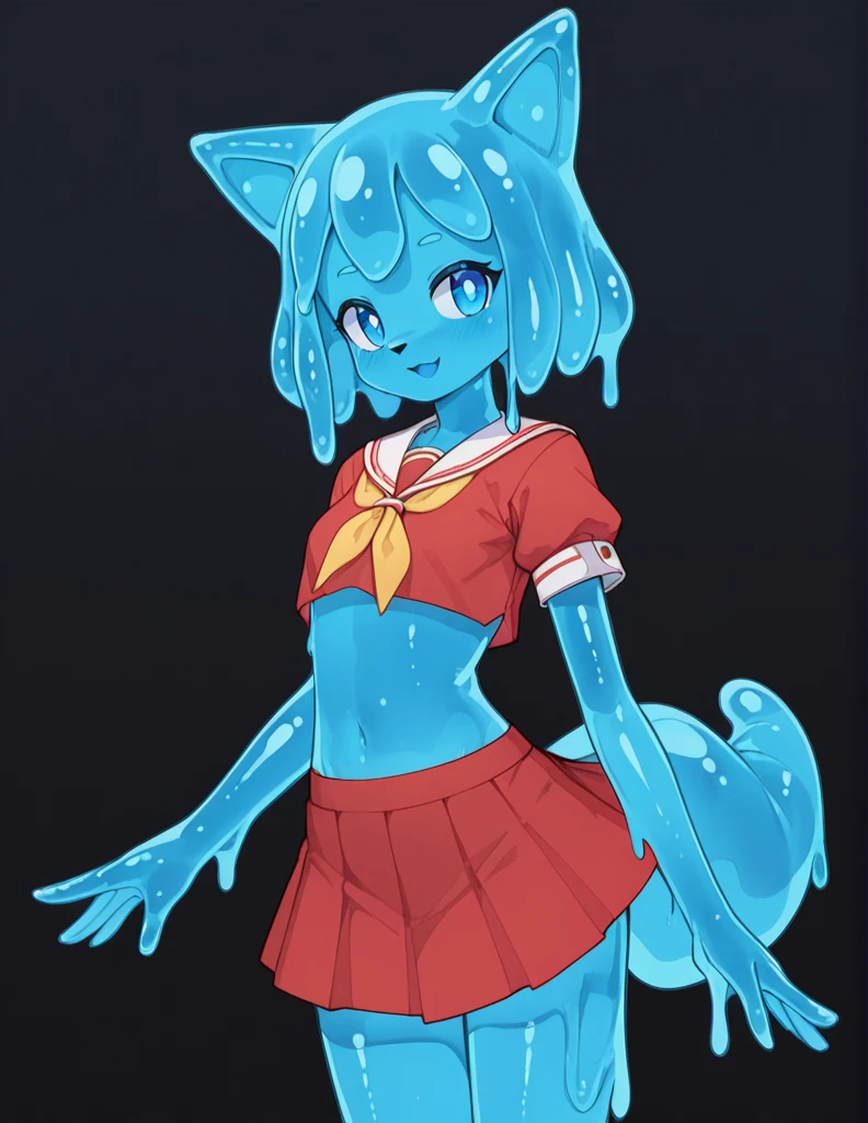 score_9, score_8_up, score_7_up, score_6_up, score_5_up, score_4_up, アニメ, Anthropomorphic character, with brown and white fur, Fluffy tail, cropped top with short sleeves, overskirt, blue colored eyes, slime girl, blue body color, прозрачный