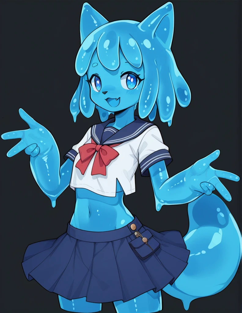 score_9, score_8_up, score_7_up, score_6_up, score_5_up, score_4_up, アニメ, Anthropomorphic character, with brown and white fur, Fluffy tail, cropped top with short sleeves, overskirt, blue colored eyes, slime girl, blue body color, прозрачный