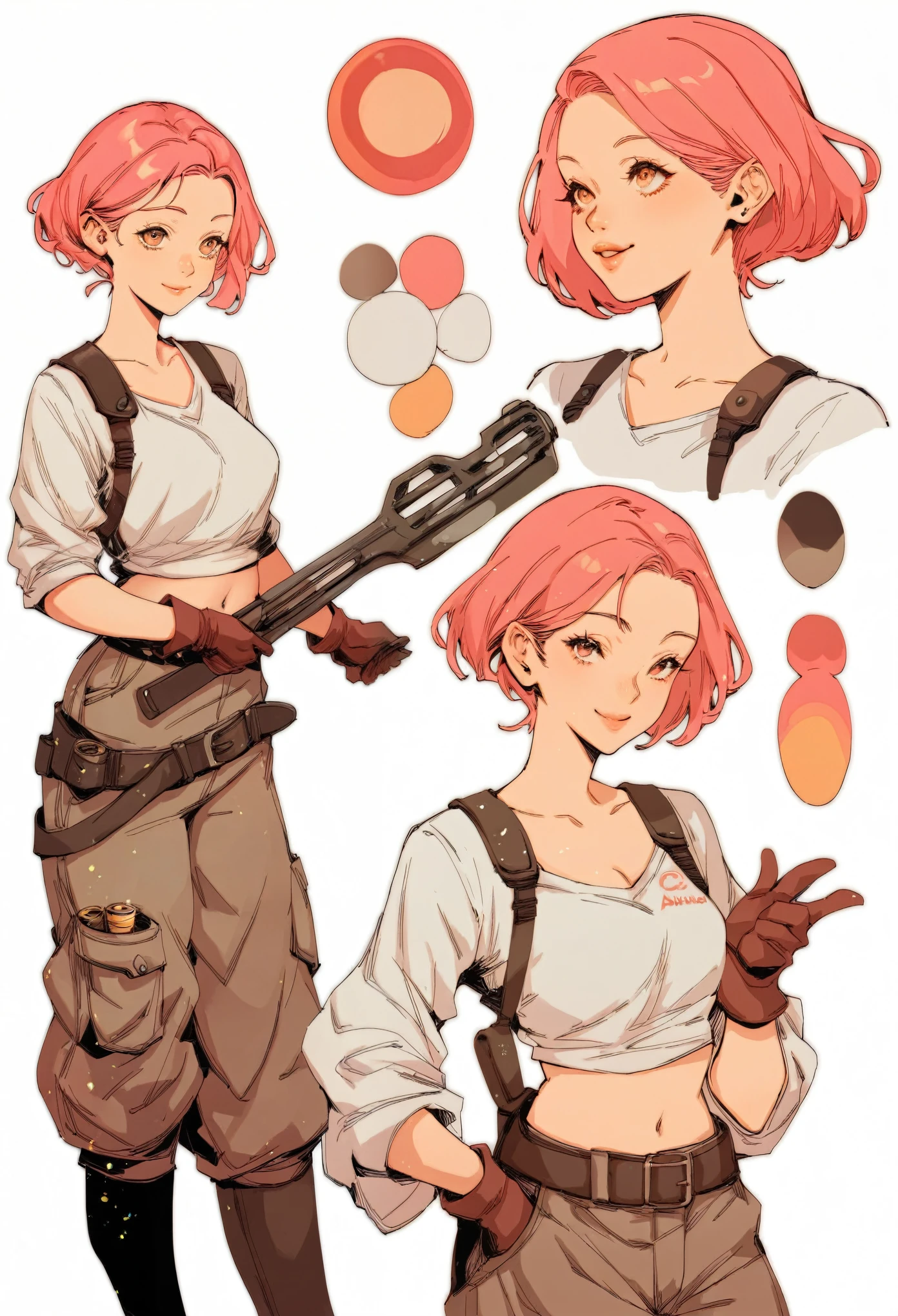 reference sheet,white background,simple background,multiple views, upper body, front, from side, color palette reference, high_detailed, captured in high detail, Girl with goggles in her hair, mechanic's clothes, crop top, baggy pants, tool belt and dirt on her clothes, boots, short pink hair, gloves, magic particles