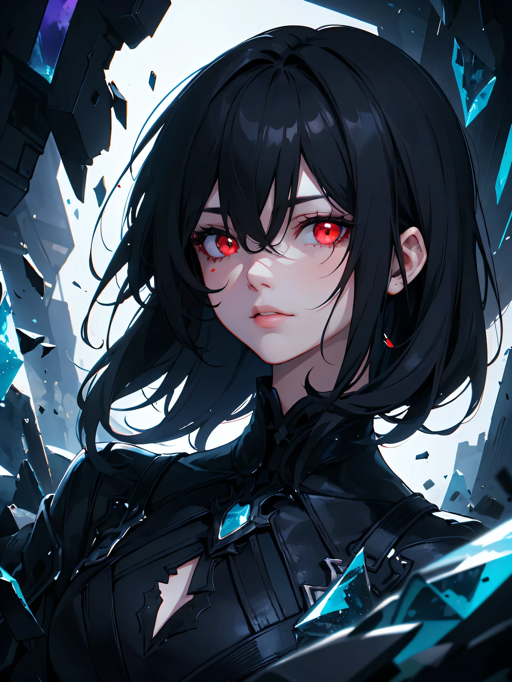 (detailed background,dark fantasy), (beautiful detailed face), high contrast, (best illumination, an extremely delicate and beautiful), ((cinematic light)), colorful, hyper detail, dramatic light, intricate details, (1 girl, solo,black hair, sharp face,red eyes, hair between eyes,dynamic angle), blood splatter, swirling black light around the character, depth of field,black light particles,(broken glass),