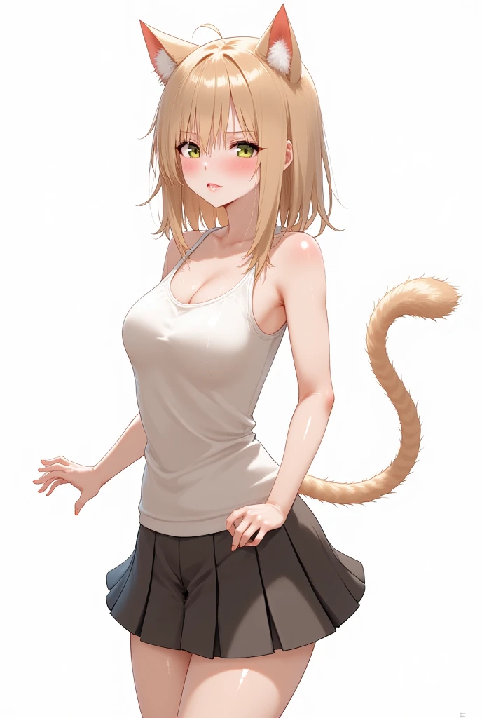 Woman, cat ears, furry cat tail, tank top, short line skirt