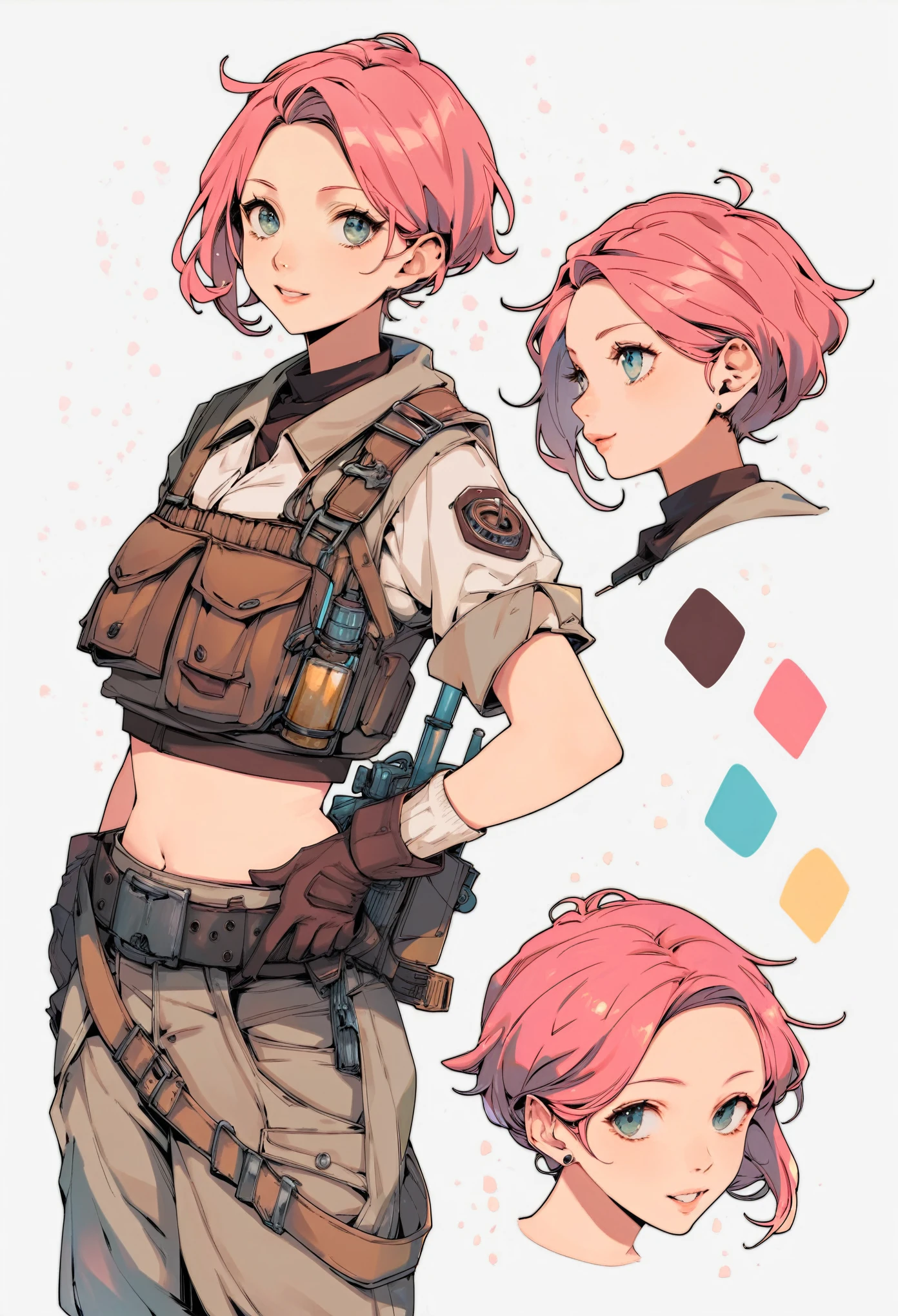 reference sheet,white background,simple background,multiple views, upper body, front, from side, color palette reference, high_detailed, captured in high detail, Girl with goggles in her hair, mechanic's clothes, crop top, baggy pants, tool belt and dirt on her clothes, boots, short pink hair, gloves, magic particles