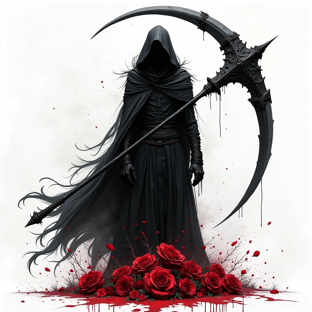Arafudo Images，One was wearing a black robe、Woman holding a red rose, Blood splatter，Pool of blood，cross，Gothic elements，the grim Reaper, grim Reaper, Beautiful male grim Reaper, Harvesting as a scary, portrait of grim Reaper, Harvesting in overwatch, Omen of Death, punk grim Reaper, reminded me of the grim Reaper, Harvesting, grim Reaper, (Blood splatter:1.5)