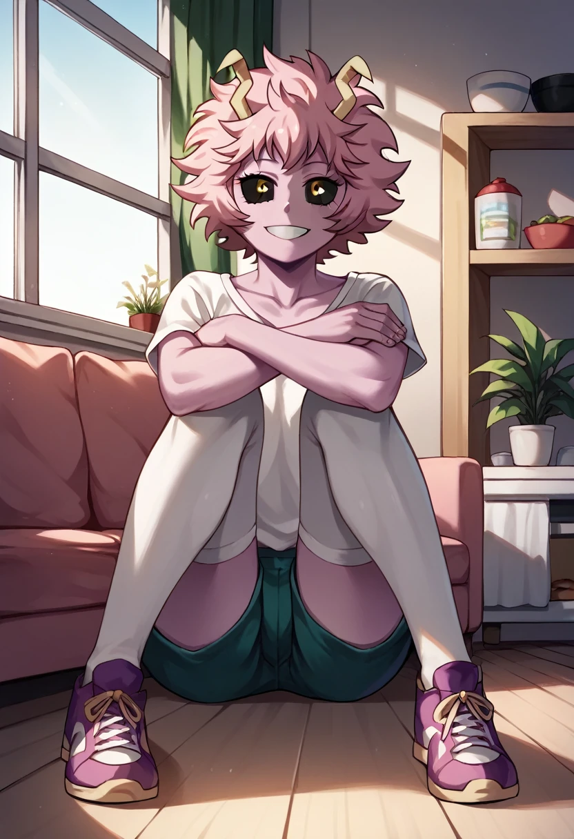 score_9, score_8_up, score_7_up, score_6_up, score_5_up, score_4_up, source_anime, 1girl, worth, mina ashido, smile, 1girl, solo, pink hair, default hair, messy hair, black eyeball, yellow eyes, pink skin, white shirt, shorts, white stockings , sneakers, looking at the viewer, crossed arms, rooms, kitchen, sofa, sit, long window, evening, apartment, best quality, best res, 4K UHD,
 