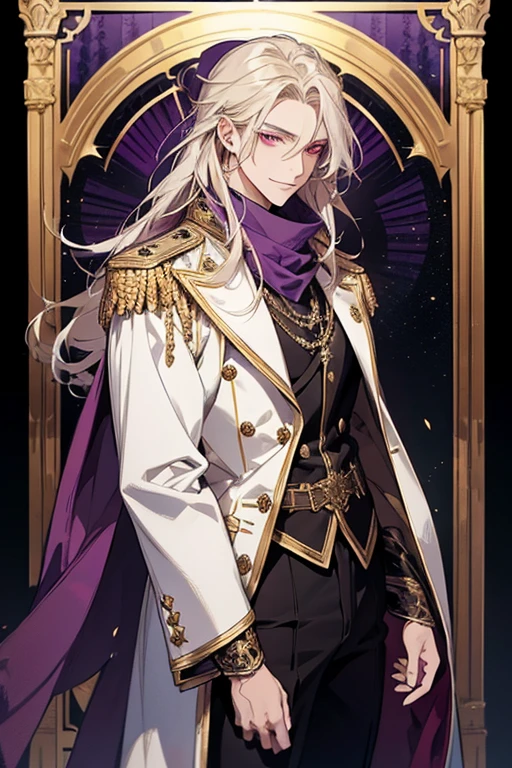 (1 person、good looking、cool、male)(masterpiece、Best Quality、Beautiful illustrations)Purple long flowing hair、Turn around and smile、coolなイケメンmale、Beautiful red eyes、Characters in intricate costumes, Fantasy-style armor with a predominantly white and purple color scheme, With gold accents. This costume has、Includes a flowing white coat adorned with gold epaulettes。, Black gloves, Black pants with purple and gold patterns. A purple cape and matching scarf flow gracefully., Enhances the overall look. The character stands confidently, Large, A decorative shield featuring a gold point and star motif. The background is clear, Emphasize the character&#39;s exquisite and dignified appearance.