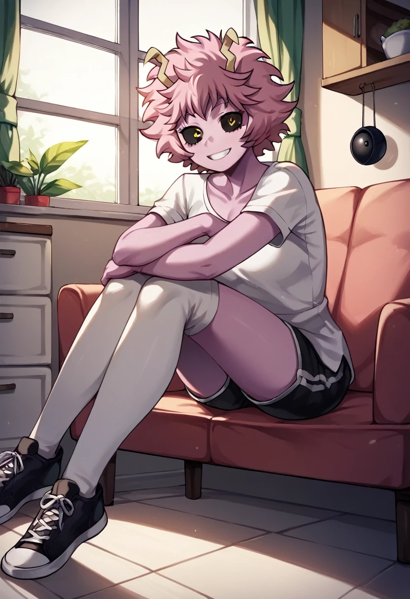 score_9, score_8_up, score_7_up, score_6_up, score_5_up, score_4_up, source_anime, 1girl, worth, mina ashido, smile, 1girl, solo, pink hair, default hair, messy hair, black eyeball, yellow eyes, pink skin, white shirt, shorts, white stockings, black sneakers, looking at the viewer, crossed arms, rooms, kitchen, sofa, sit, long window, evening, apartment, best quality, best res, 4K UHD,
 