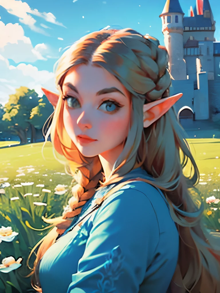 aazelda, long blonde hair, crown braid, hairclip,blue eyes, pointy ears, blue shirt, long sleeves, fingerless gloves, black gloves, black pants, boots, looking at viewer, smiling, happy, blush, sitting, wariza, from_behind, outside, cliff, field, distant castle, trees, blue sky, high quality, masterpiece, <lora:zelda_1:.8>