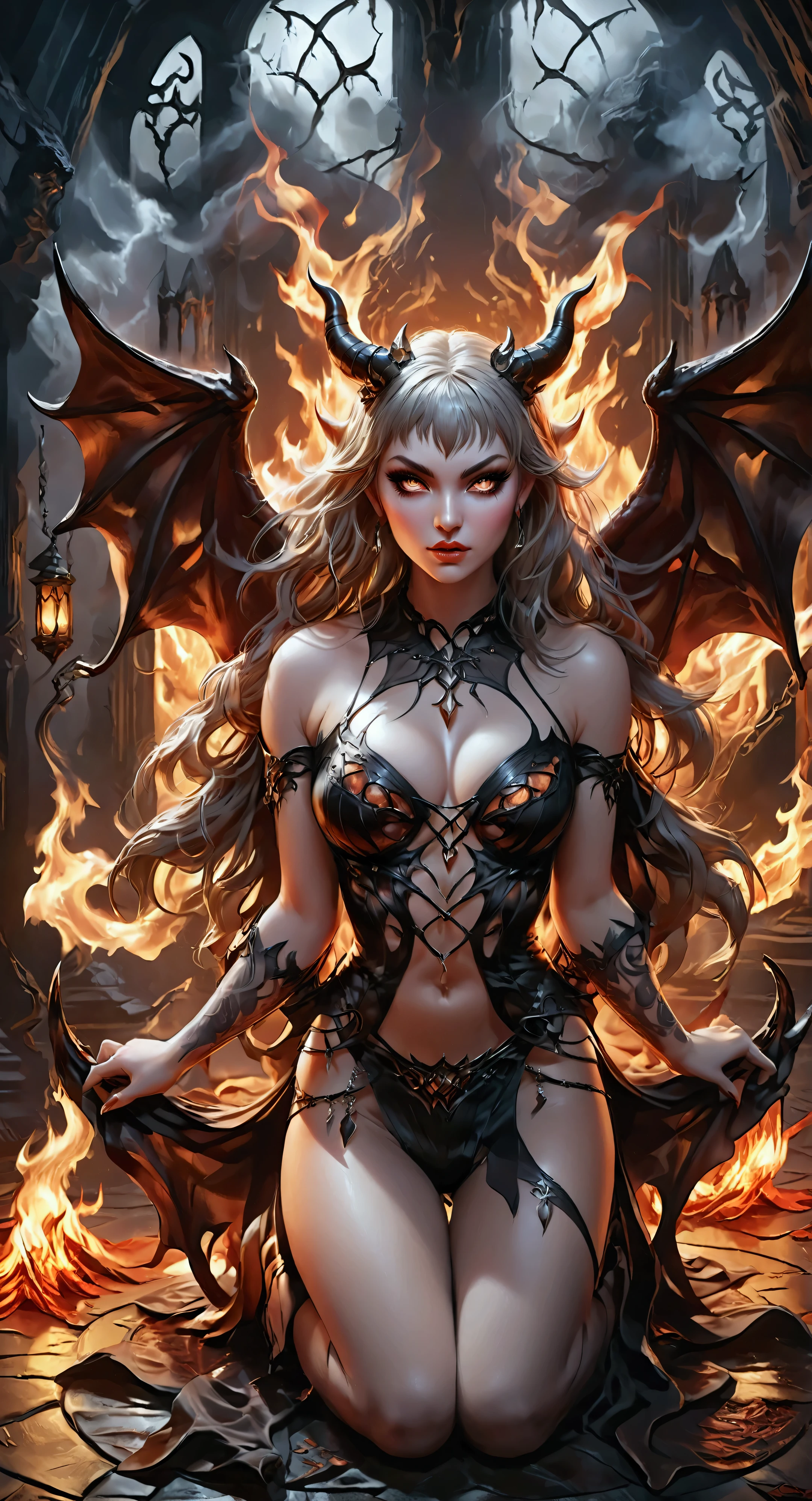 1girl, full body portrait, succubus, crouching with legs spread wide open, open legs, demon wings, horns, scary detailed art in color, aroused expression, busty, curvy hips, sexy, alluring, erotic posing, legs spread wide open, sheer lowleg see-through panties, highly detailed fantasy art, beautiful fantasy art portrait, intricate detailed digital art, highly detailed digital painting, digital art fantasy art, mark brooks detailed, detailed fantasy digital art, amazing detail digital art, dynamic motion, epic composition, hellish fire swept landscapes, firecd_xl