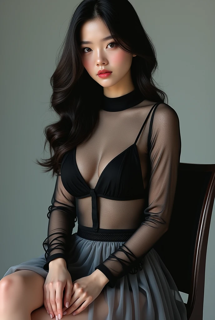  In this full-body shot, she is captured against a deep, moody backdrop. She wears a black, lace-trimmed bralette under a sheer, dark green blouse with an open neckline, paired with high-waisted trousers. Her warm ivory skin and the intricate lace details of her bralette are subtly highlighted. Her black hair is styled in sleek, straight lines. She poses with one hand gently adjusting the collar of her blouse and the other resting on her hip, showcasing her elegant silhouette. The lighting emphasizes the delicate textures of her outfit and the sophistication of her pose.