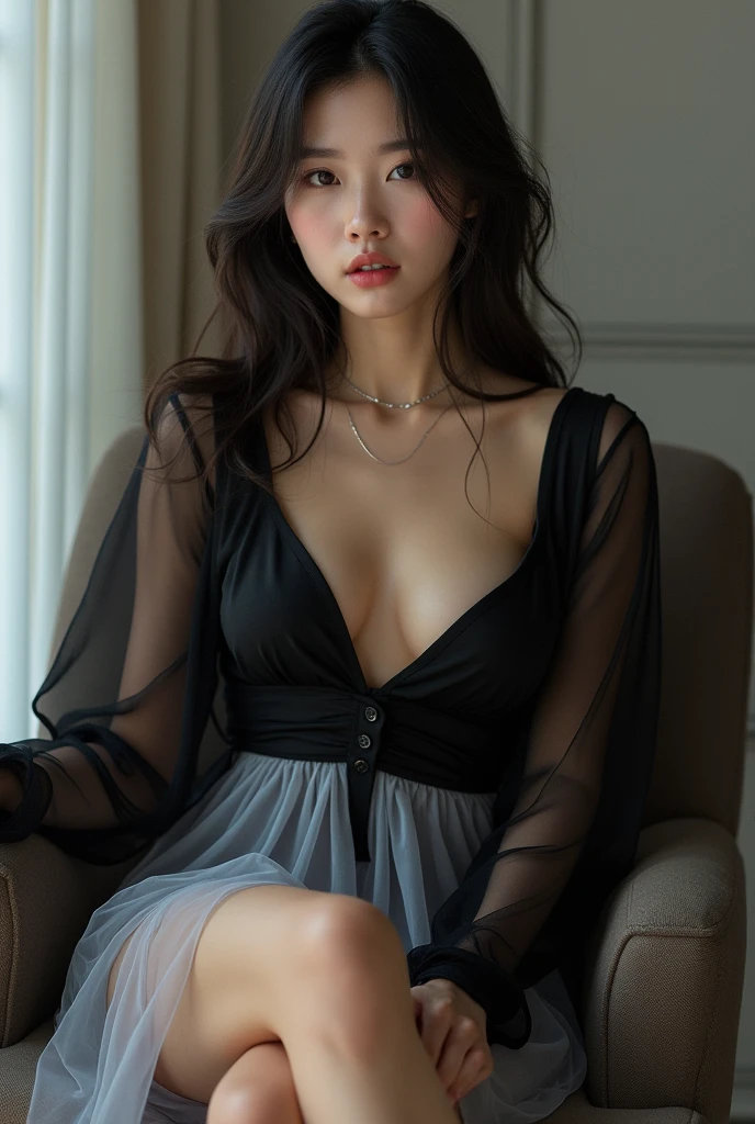 (8k、RAW Photos、Highest quality、masterpiece:1.2)、(Realistic、Realistic)、1 Girl、((Bedroom、Black Dress、Lie in bed、Skin is visible、Close ~ eyes、Painful expression、Slender、Open your mouth、))、cute
