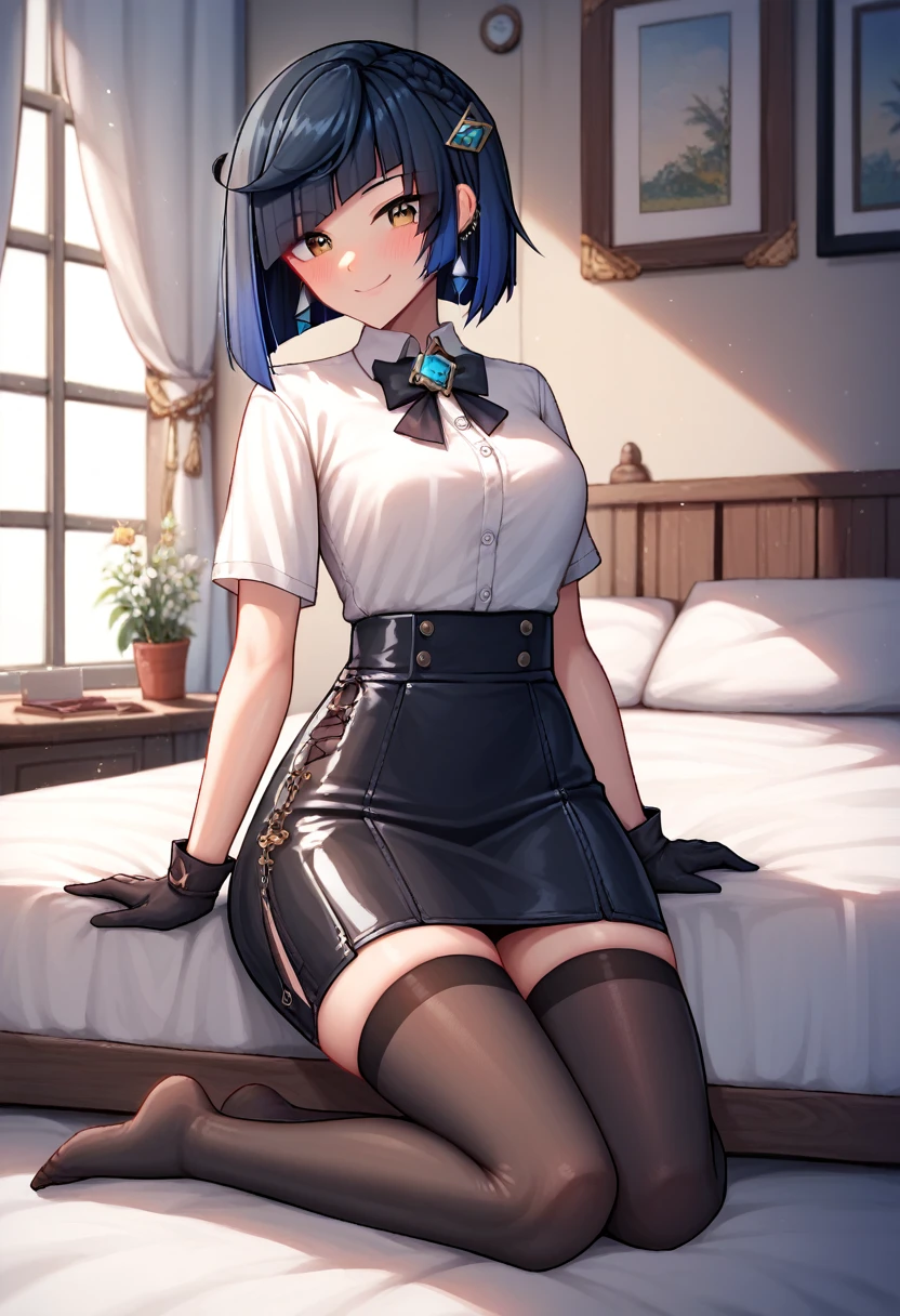 score_9, score_8_up, score_7_up, score_6_up, score_5_up, score_4_up, source_anime, 1girl,yelandef, full body, upper body, smile, blush, dark hair, low dark blue hair, brown eyes, clean hair, white shirt, leather skirts, black stockings, hairpin, gloves, bed, room, looking at the viewer, day, best quality, best res, 4K UHD,
 