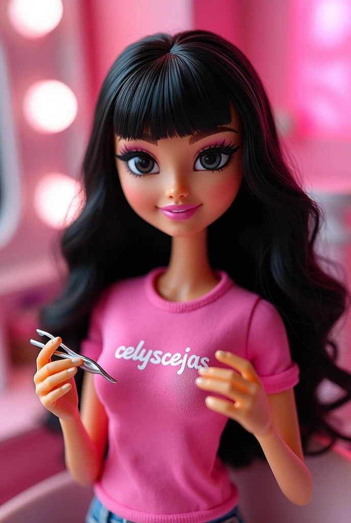 Crie uma imagem de uma boneca da Barbie pele clara, cabelo preto liso e longo funk pop