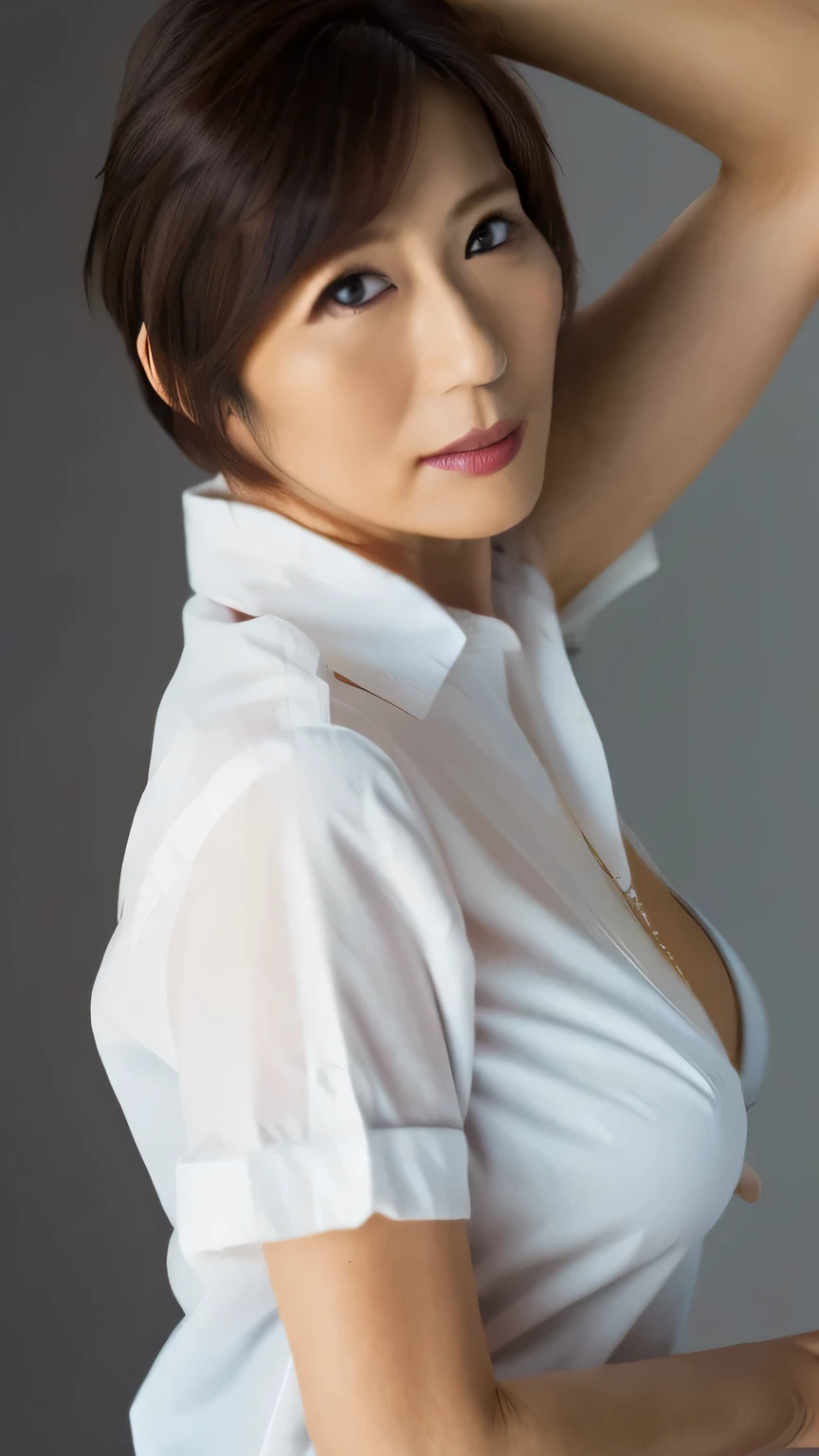 (Best Quality,16k,masterpiece),Anatomically correct,美しいMature Woman,Very beautiful Japanese model,Mature Woman,
Pixie Cut,He was wearing a white shirt,Big Breasts,
(Studio shot,Gray background),