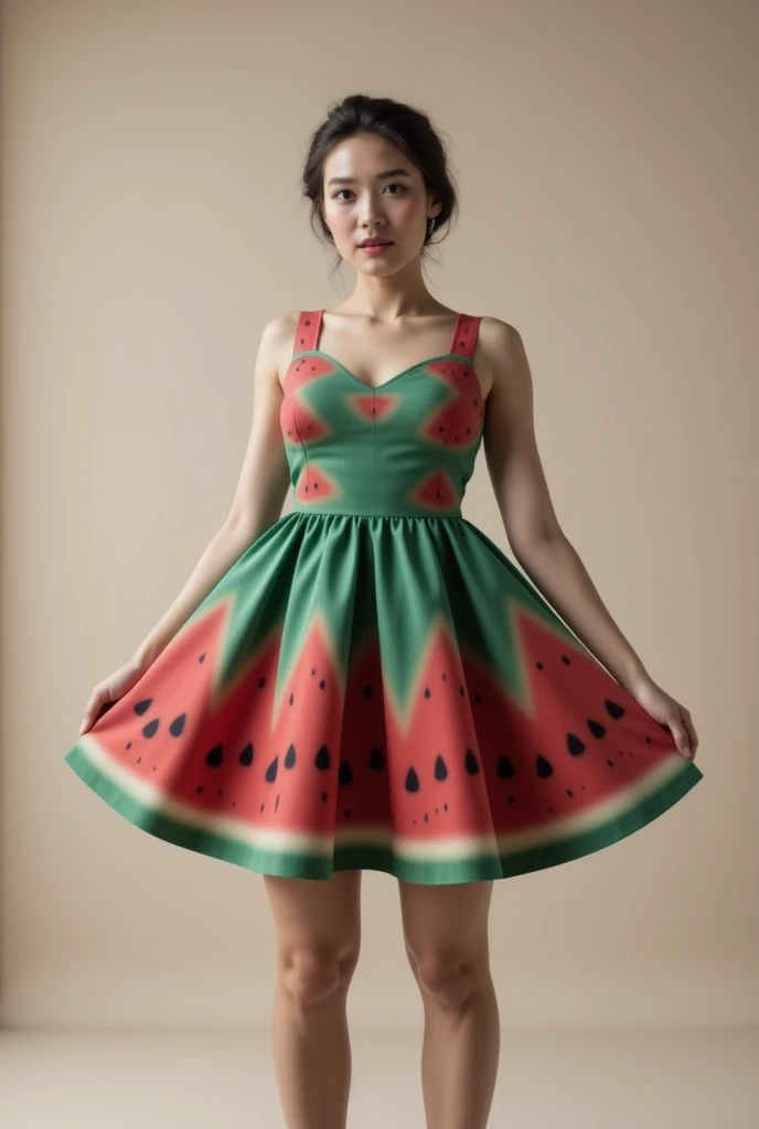 UHD, best quality, 16k, woman wearing watermelon dress, upskirt, panties