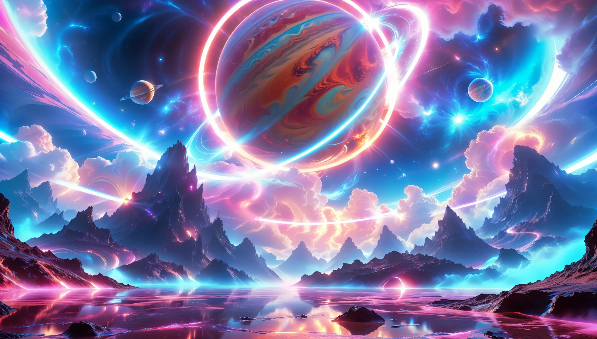 A masterpiece in 32K resolution, supreme quality, Super detail, official art, Very high resolution 32K wallpaper, Beautiful and aesthetic, Ultra detailed features, impressive detail. cosmic, Otherworldly, And a stunning dream scene set in a vibrant environment., alien planet. The Otherworldly Landscape Is Filled With Colorful, Intricate patterns and vibrant contrasts, creating a sense of mystery and wonder. A giant Jupiter-like planet looms in the background, bathed in an ethereal glow, As deep space nebulas swirl and vivid pink hues fill the sky. The atmosphere is alive with an energy, almost surreal quality, Enhanced by using long exposure, giving a cinematic expression, epic feeling. This summary, Alien World combines the surreal with the futuristic, Featuring Epic Structures And Otherworldly Beauty. The colors are bold, Crowded, And very contrasting, Giving the whole scene a crazy yet beautiful visual identity.