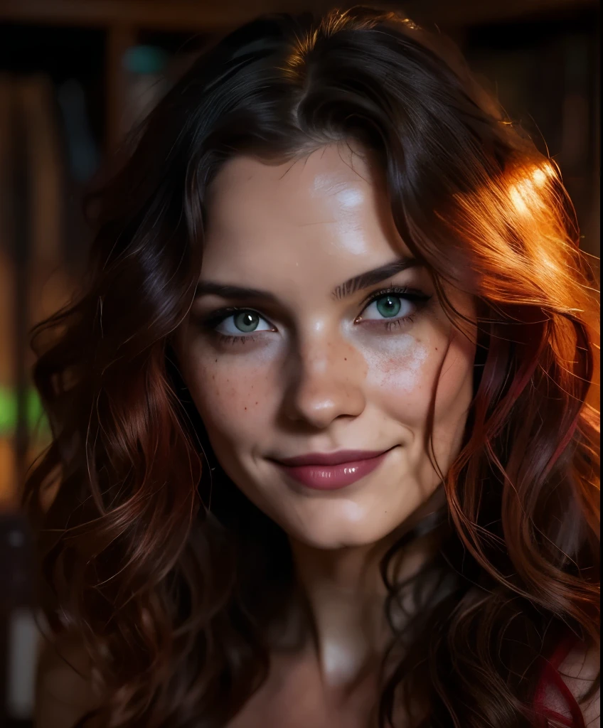 (editorial photograph of a 30 year old woman), (highly detailed face:1.4) (smile:0.7) (background inside dark, moody, private study:1.3) POV, by lee jeffries, nikon d850, film stock photograph ,4 kodak portra 400 ,camera f1.6 lens ,rich colors, hyper realistic ,lifelike texture, dramatic lighting , cinestill 800, wavy hair, messy hair, curls, malicious smile, mischeveous smile, evil smile, devil expression, red scarlet hair, freckles, green eyes, white skin, thelema, goddess, Babalon, Lilith, Pombagira, goddess of magic, goddess of the night, astral plane, scarlet woman, garden of eden, masterpiece, witchcraft, red full moon, full naked, perfect details