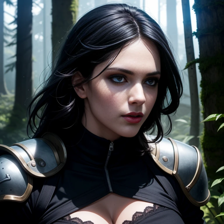 Yennefer, in forest, long hair, black hair, purple eyes,dressed as a soldier, Half-human, half-armor, Semi-machine.. Their eyes are filled with arousal and longing. Background is smoky and violent battlefield. He&#39;s wearing mechanical armor., Carved animal elements, Human skull between cleavage. The sky is full of vortices, Blazing clouds. This photo strongly conveys the warrior&#39;s appearance., (intricate details), perfect eyes, pruple eyes, perfect face, perfect lighting, beautiful, (masterpiece:1.2), (best quality:1.2)