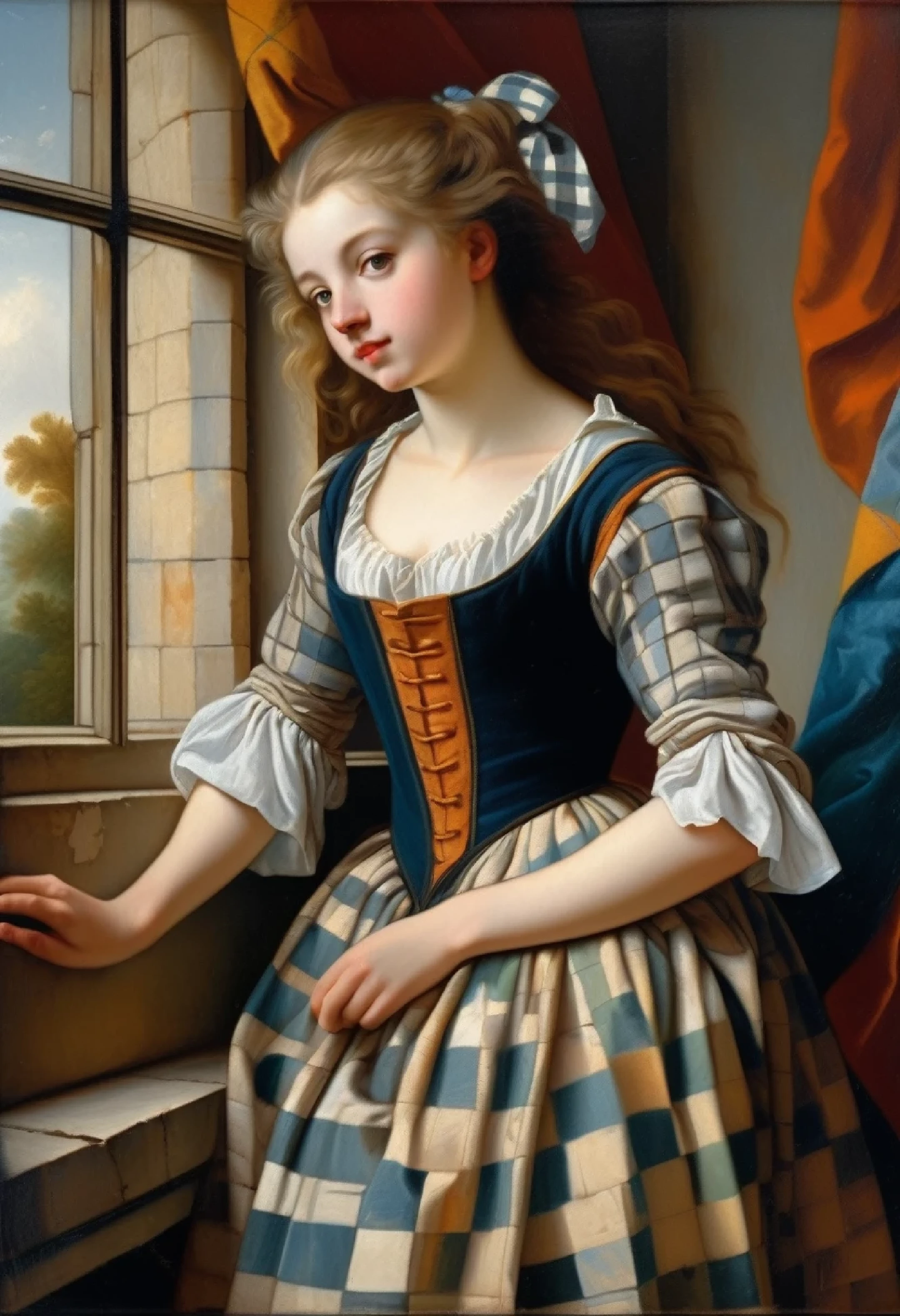 (dark studio) brave naive girl in checkered dress, to window (in the style of Jean Baptiste Greuze), ((fresh oil palette canvas/Acrylic)), intricate, Extreme detail, Complex key, ((Single shot)), ((best quality)), ((masterpiece)), ((Realistic)), 8 k