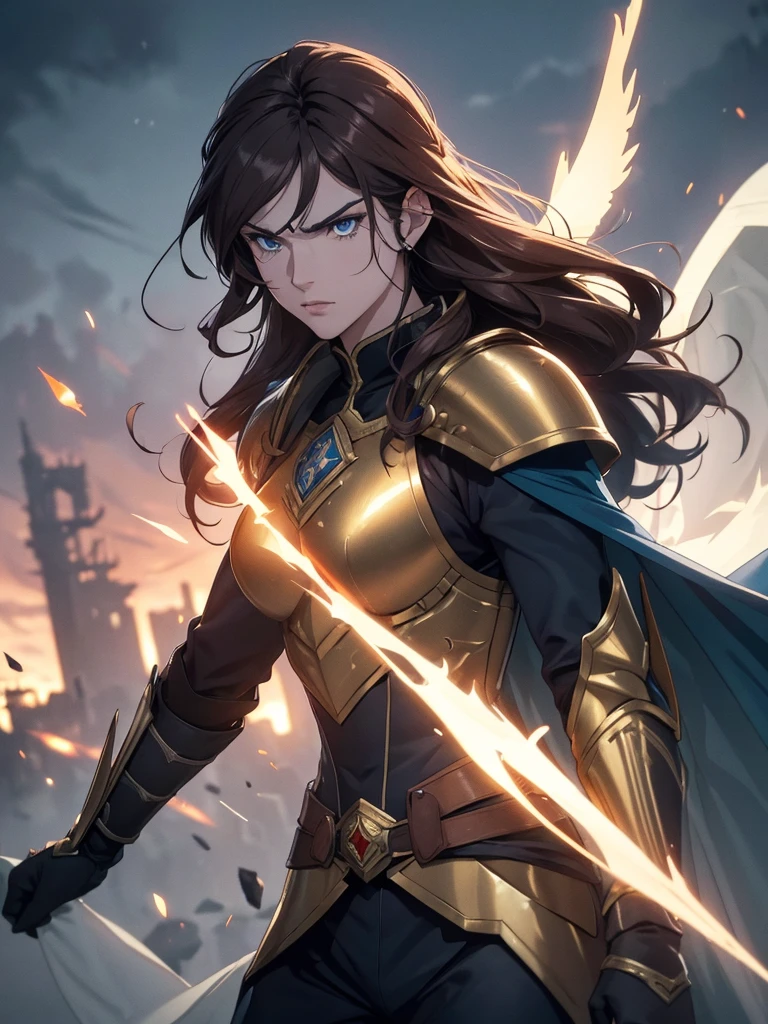 (8K, ultra detailed, realistic style: 1.3), anime warrior woman, long wavy brown hair, with a determined and powerful look, intense blue eyes. He wears a full suit of armor with gold and white details., decorated with intricate medieval and gothic style patterns, In addition to a red cape fluttering in the wind. The armor has a shiny, polished appearance., highlighting his noble and heroic status. He wears a golden tiara on his head that reflects authority and strength.. The background shows a dark sky filled with smoke and debris in the air., giving the impression of a recent battle or being on the battlefield. The atmosphere is epic, transmitting leadership and courage.