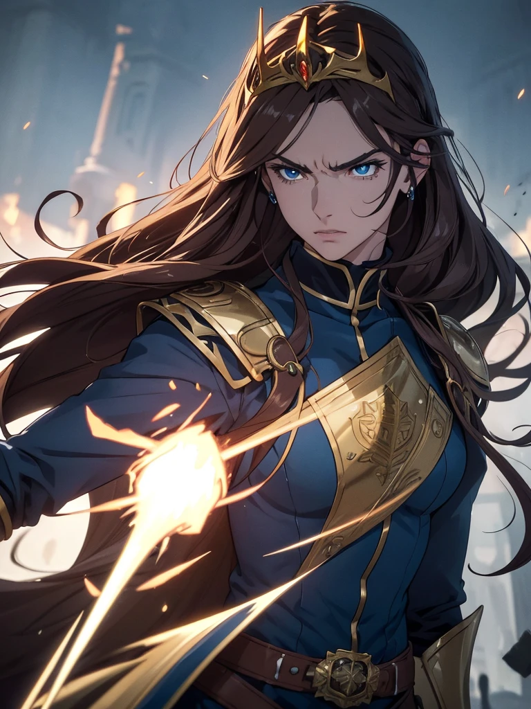 (8K, ultra detailed, realistic style: 1.3), anime warrior woman, long wavy brown hair, with a determined and powerful look, intense blue eyes. He wears a full suit of armor with gold and white details., decorated with intricate medieval and gothic style patterns, In addition to a red cape fluttering in the wind. The armor has a shiny, polished appearance., highlighting his noble and heroic status. He wears a golden tiara on his head that reflects authority and strength.. The background shows a dark sky filled with smoke and debris in the air., giving the impression of a recent battle or being on the battlefield. The atmosphere is epic, transmitting leadership and courage.