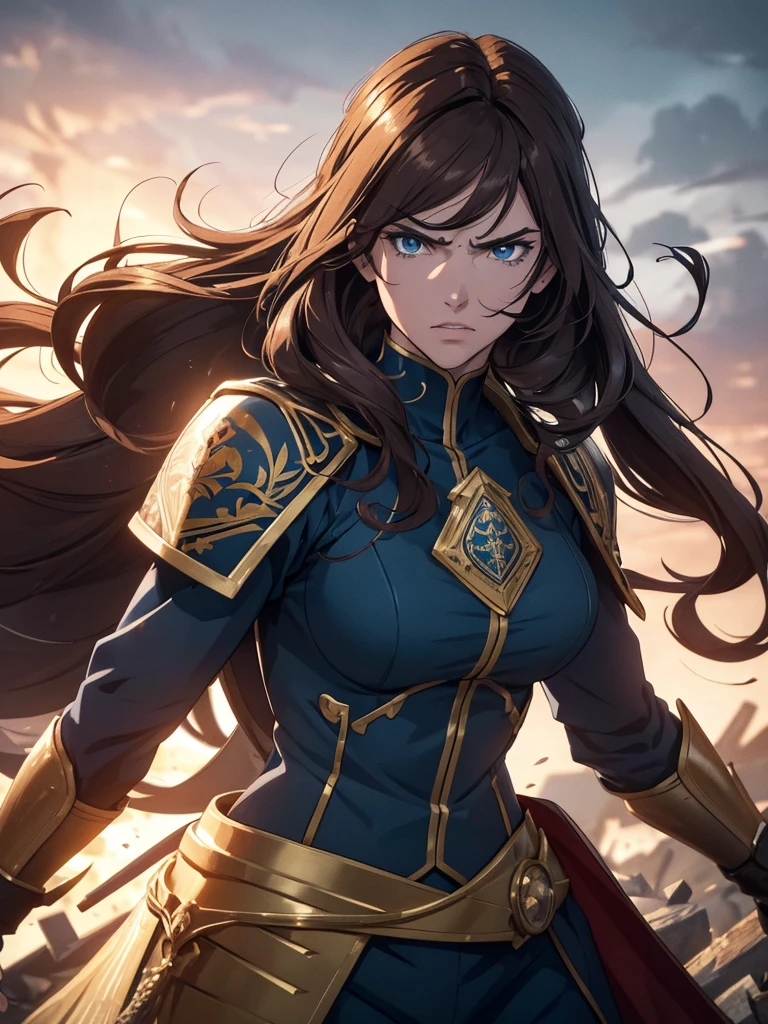 (8K, ultra detailed, realistic style: 1.3), anime warrior woman, long wavy brown hair, with a determined and powerful look, intense blue eyes. He wears a full suit of armor with gold and white details., decorated with intricate medieval and gothic style patterns, In addition to a red cape fluttering in the wind. The armor has a shiny, polished appearance., highlighting his noble and heroic status. He wears a golden tiara on his head that reflects authority and strength.. The background shows a dark sky filled with smoke and debris in the air., giving the impression of a recent battle or being on the battlefield. The atmosphere is epic, transmitting leadership and courage.