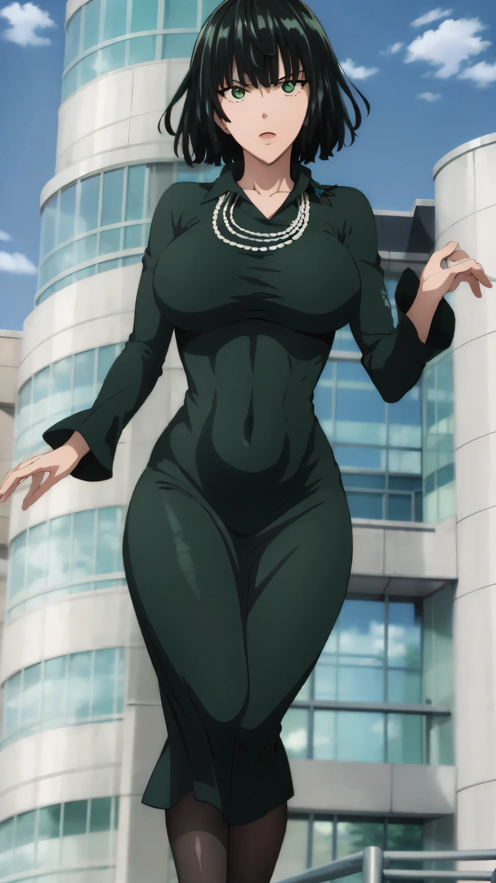 Fubuki, anime girl in green dress posing in front of a window, tatsumaki from one punch man, sexy dress, tracer in a skintight dress, tight attire, full body close-up shot, she wears a dark green dress, tatsumaki, thicc, skintight dress, cammy, tight full body suit, bottom body close up