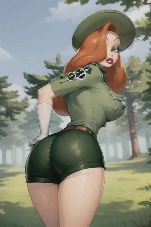 bust girl great ass obra maestra, The best quality,
1 girl, jessicaranger, orange hair, long hair, green eyes, has, green shirt, short mangas, Bermuda, belt, white gloves, lipstick, make up, ranger uniform,
lean forward, breasts focus, Alone, looking at the viewer, blue sky, Grass, trees, forest background   