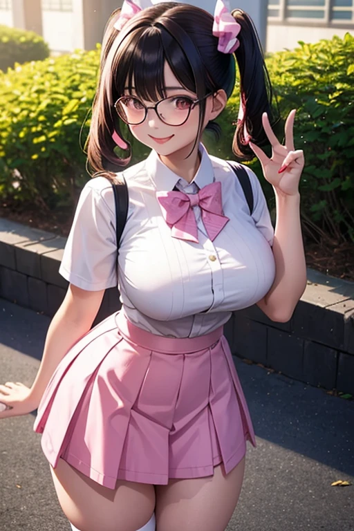 (Best Quality,4K,High resolution:1.2), Ultra-detailed, Realistic portrait, Best Quality, (outside japanese high school), (passionate scene),one very young looking high school girl, (intense emotion), (carp), (kiss:1.1), , (open eyes),(innocent look), student clothes, long black hair with bows and ribbons、Mini Pleated Skirt、(Stockings), standing, open mouth, (very big breasts), lingerie, pigtails, thin tiny waist, black and pink marching band uniform with bow, having fun, , big brown eyes, big cute smile, (full body, perfect long legs, looking up staring into camera, far away), (muscular lean abs, tight cropped blouse), (large round black rimmed glasses), (cat ears, leaning forward, arched back)