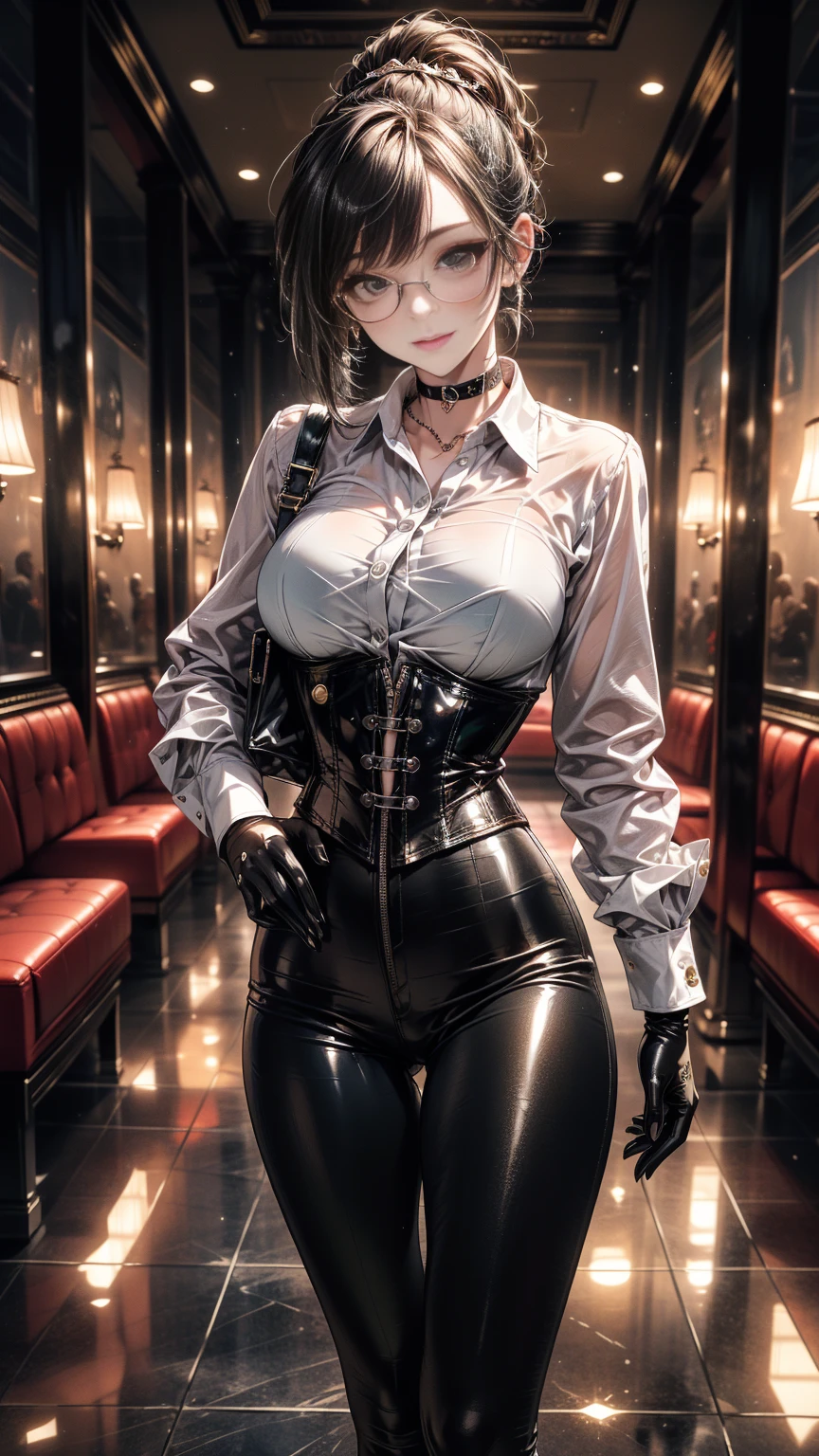 [cowboy shot], a beautiful young woman with long red hair, slim body, thin waist, narrow hips, detailed facial features, ((wearing high quality high waist black leather pants)), ((a formal white colored silk shirt with cleavage and long sleeves)), ((a white fur coat on shoulders)), ((red lining)), ((double luxury waist belt)), ((slightly red tinted glasses)), ((black latex gloves)), ((expensive reflective silk scarf)), holding a handbag, hand on waist, (best quality,4k,8k,highres,masterpiece:1.2),ultra-detailed,(realistic,photorealistic,photo-realistic:1.37),high fashion,editorial,dramatic lighting,cinematic,vivid colors,intricate details, glamorous
