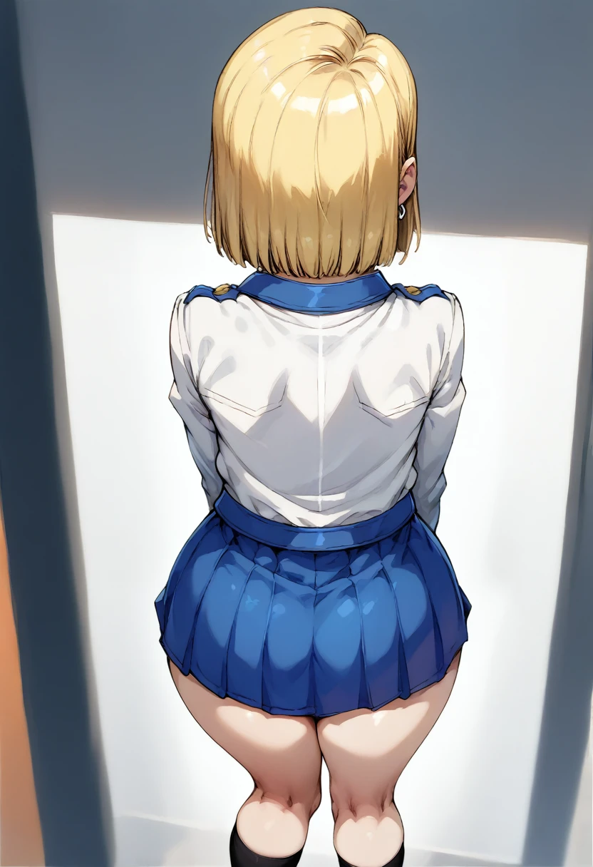 ((masterpiece)),(((Highest quality))),Thin thighs,An 25-year-old  girl ,White shirt,Blue and red plaid mini skirt,The best smile,Short-cut blonde,A pose from above with legs spread and buttocks sticking out, (), (), ((focus on Buttocks)), (high angle) ,(tan skin), , (wide shot ), ,(slouch),()),((hyper big hips)),(cum on panty), ass pov,back view,from above,standing doggy style sex,is,lean forward,nsfw,look back,look at viewer,BREAK (hide face with arms),touch the wall,bottmless,blush,BREAK ,steam,b,alley,background blur, (arms behind back),(pussy),