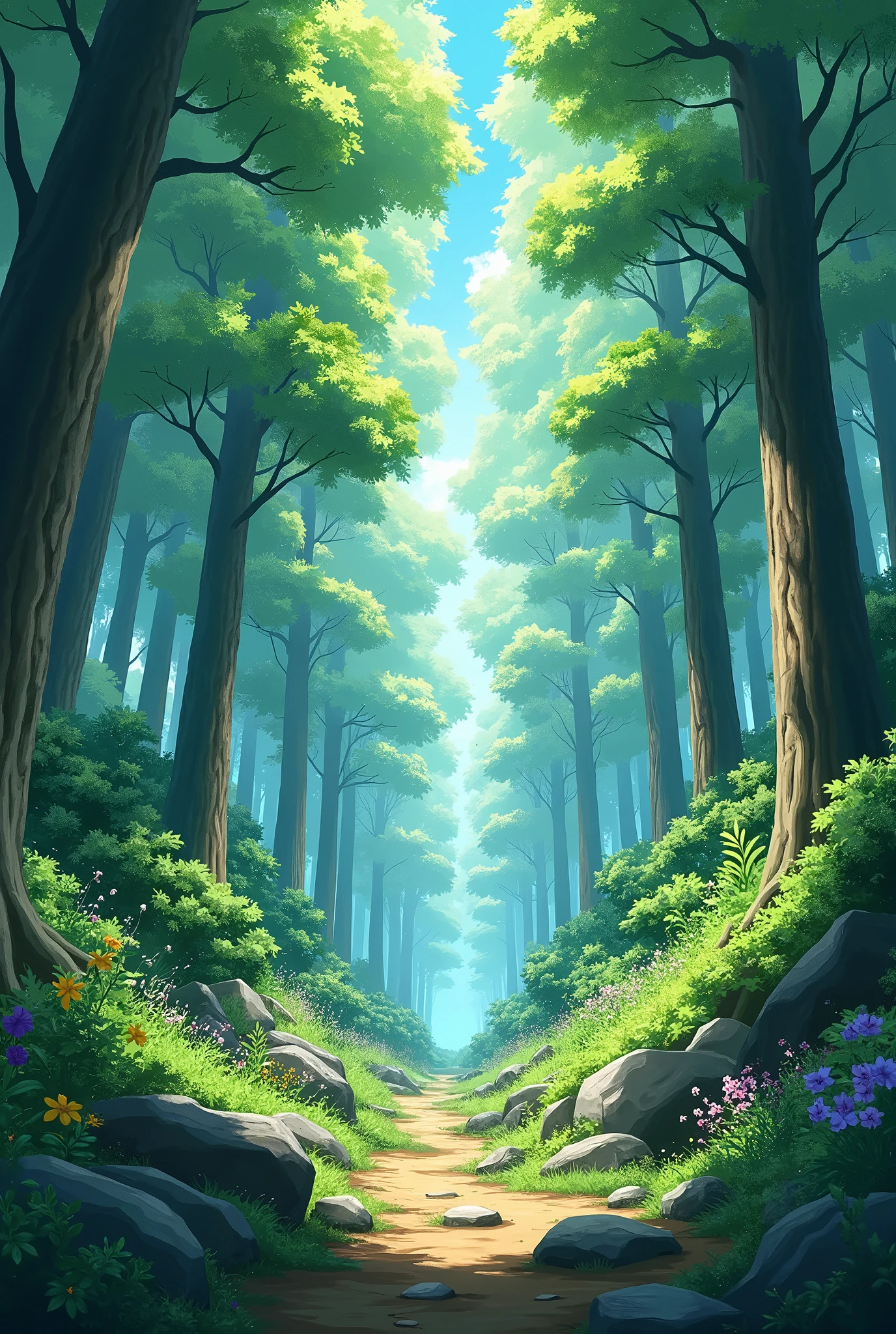 A painting of a path in a forest with trees and rocks - SeaArt AI