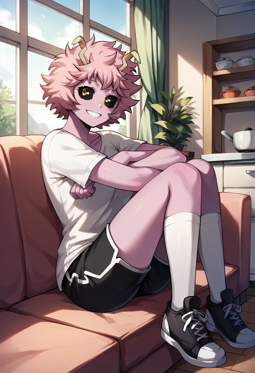 score_9, score_8_up, score_7_up, score_6_up, score_5_up, score_4_up, source_anime, 1girl, worth, mina ashido, smile, 1girl, solo, pink hair, default hair, messy hair, black eyeball, yellow eyes, pink skin, white shirt, shorts, white stockings, black sneakers, looking at the viewer, crossed arms, rooms, kitchen, sofa, sit, long window, evening, apartment, best quality, best res, 4K UHD,
 