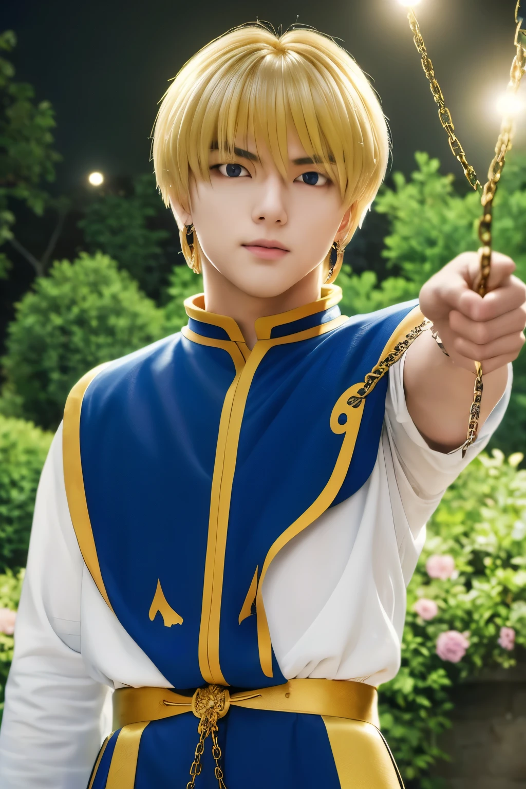 1boy, masterpiece, realistic, absurdres, best quality, high resolution, (Kurapika), japanese boy, very handsome, perfect face, cute face, intricate detail, clear and beautiful detailed eyes, messy blonde short hair, shiny hair, bangs, blue tabard, white shirt, white pants, gold trim, holdig a chain, chains flying, slim muscular, handsome muscle, detailed skin, perfect hand, good anatomy, looking at camera, action scene, dynamic pose, fantasy, night, tree, Moonlight at night, wilderness, flowers, skynight, studio lighting, soft light, upper body portrait, front view, Professional photography, 8K UHD,