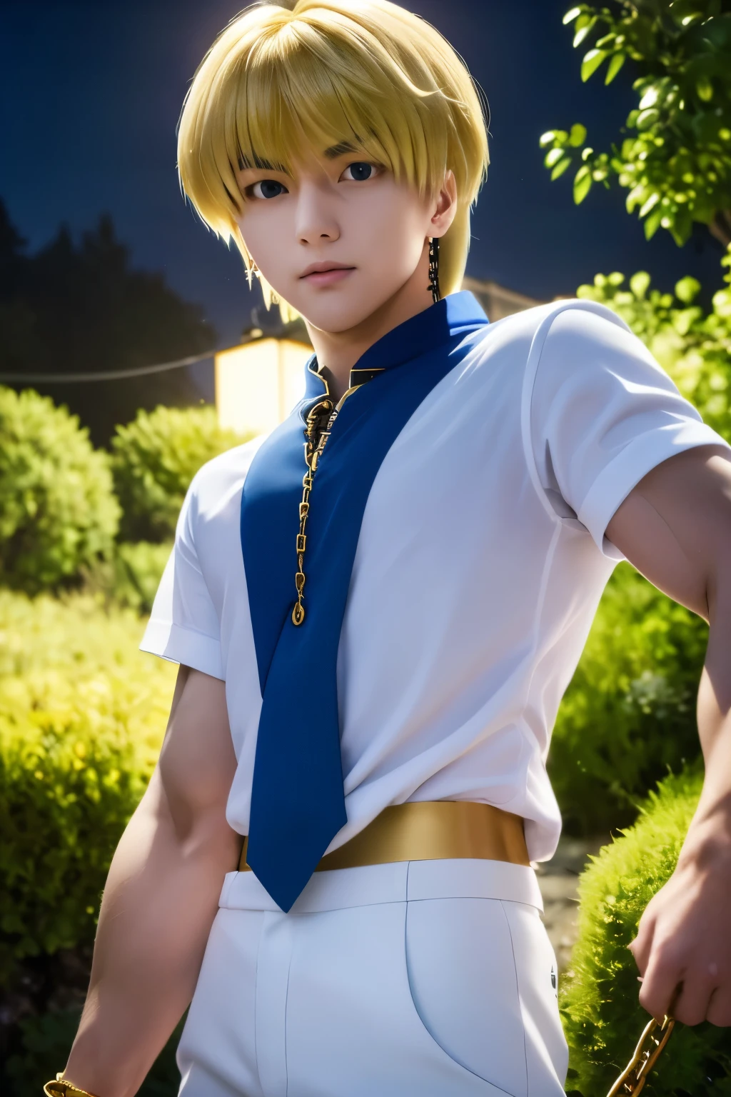 1boy, masterpiece, realistic, absurdres, best quality, high resolution, (Kurapika), japanese boy, very handsome, perfect face, cute face, intricate detail, clear and beautiful detailed eyes, messy blonde short hair, shiny hair, bangs, blue tabard, white shirt, white pants, gold trim, holdig a chain, chains flying, slim muscular, handsome muscle, detailed skin, perfect hand, good anatomy, looking at camera, action scene, dynamic pose, fantasy, night, tree, Moonlight at night, wilderness, flowers, skynight, studio lighting, soft light, upper body portrait, front view, Professional photography, 8K UHD,