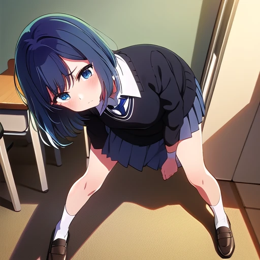 kurokawa akane (oshi no ko),  1girl, solo, looking at viewer, blush, blue eyes, closed mouth, blue hair, school uniform, white shirt, ((blue pleated skirt)), collared shirt, indoors, medium hair, sleeves rolled up, blue necktie, black sweater vest, Black high socks, brown loafers, ((white lace panties visible)),Skirt flips,sit on a chair,School, class room, desk, chair, evening (full body1.1),Turn over, hang your head, don't make eye contact,.