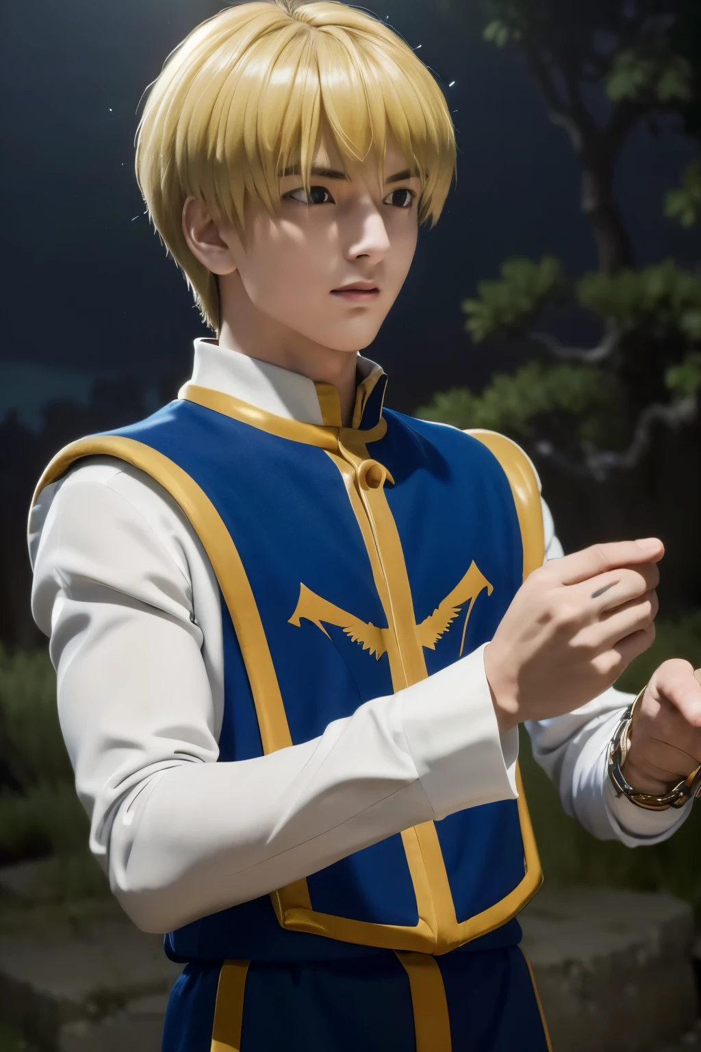 1boy, masterpiece, realistic, absurdres, best quality, high resolution, (Kurapika), japanese boy, very handsome, perfect face, cute face, intricate detail, clear and beautiful detailed eyes, messy blonde short hair, shiny hair, bangs, blue tabard, white shirt, white pants, gold trim, holdig a chain, chains flying, slim muscular, handsome muscle, detailed skin, perfect hand, good anatomy, looking at camera, action scene, dynamic pose, fantasy, night, tree, Moonlight at night, wilderness, flowers, skynight, studio lighting, soft light, upper body portrait, front view, Professional photography, 8K UHD,