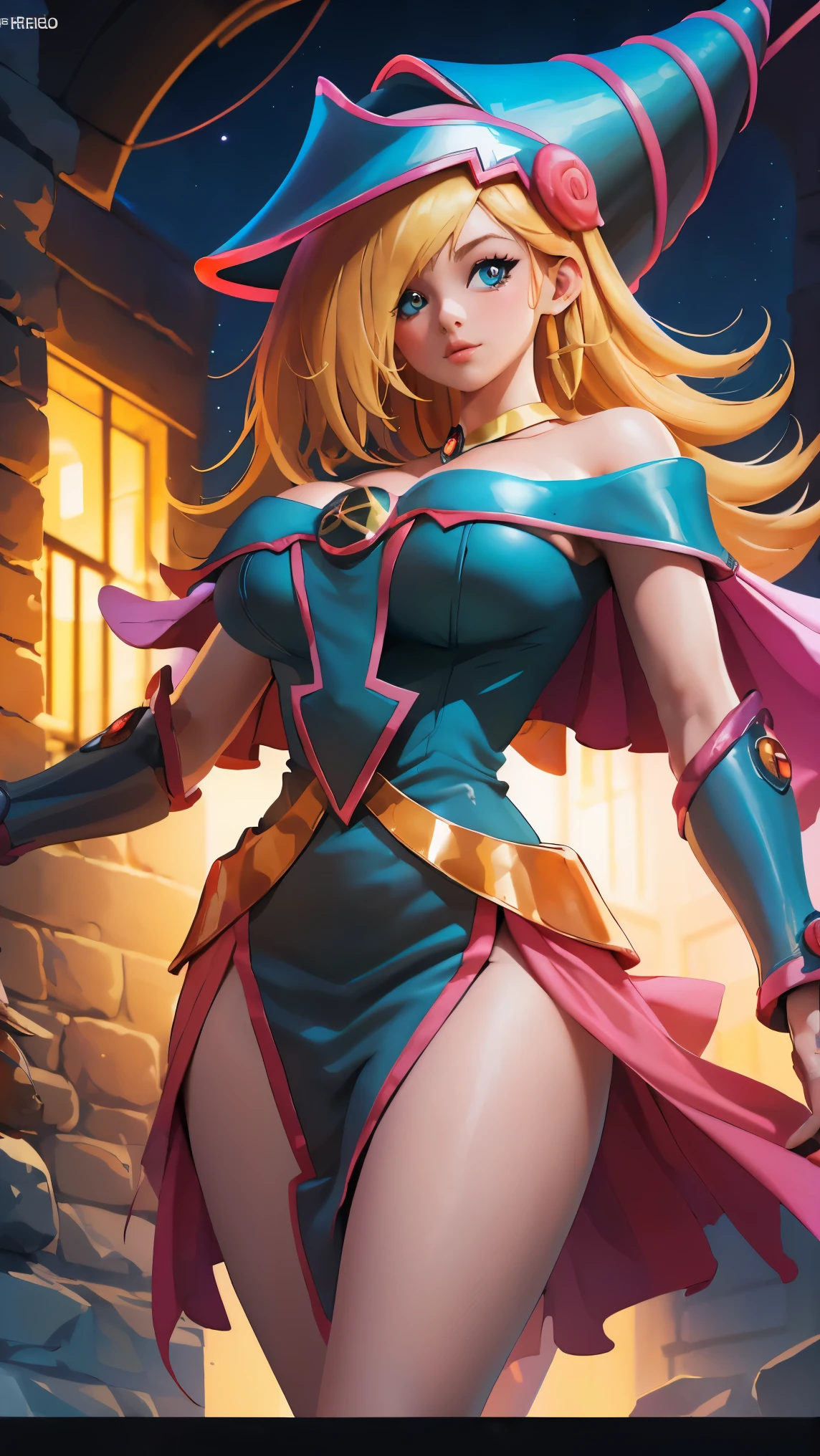 (best quality). (Ultra Detalhado). (1girl), dark Magician girls. Olhando para o Viewer. (Antecedentes detalhados). belos olhos detalhados. rosto delicado e bonito. (high saturation), seios grandes, droopy breasts, (((sexy black and red gradient dress))), (((long legs))), (((gigantic breasts))),