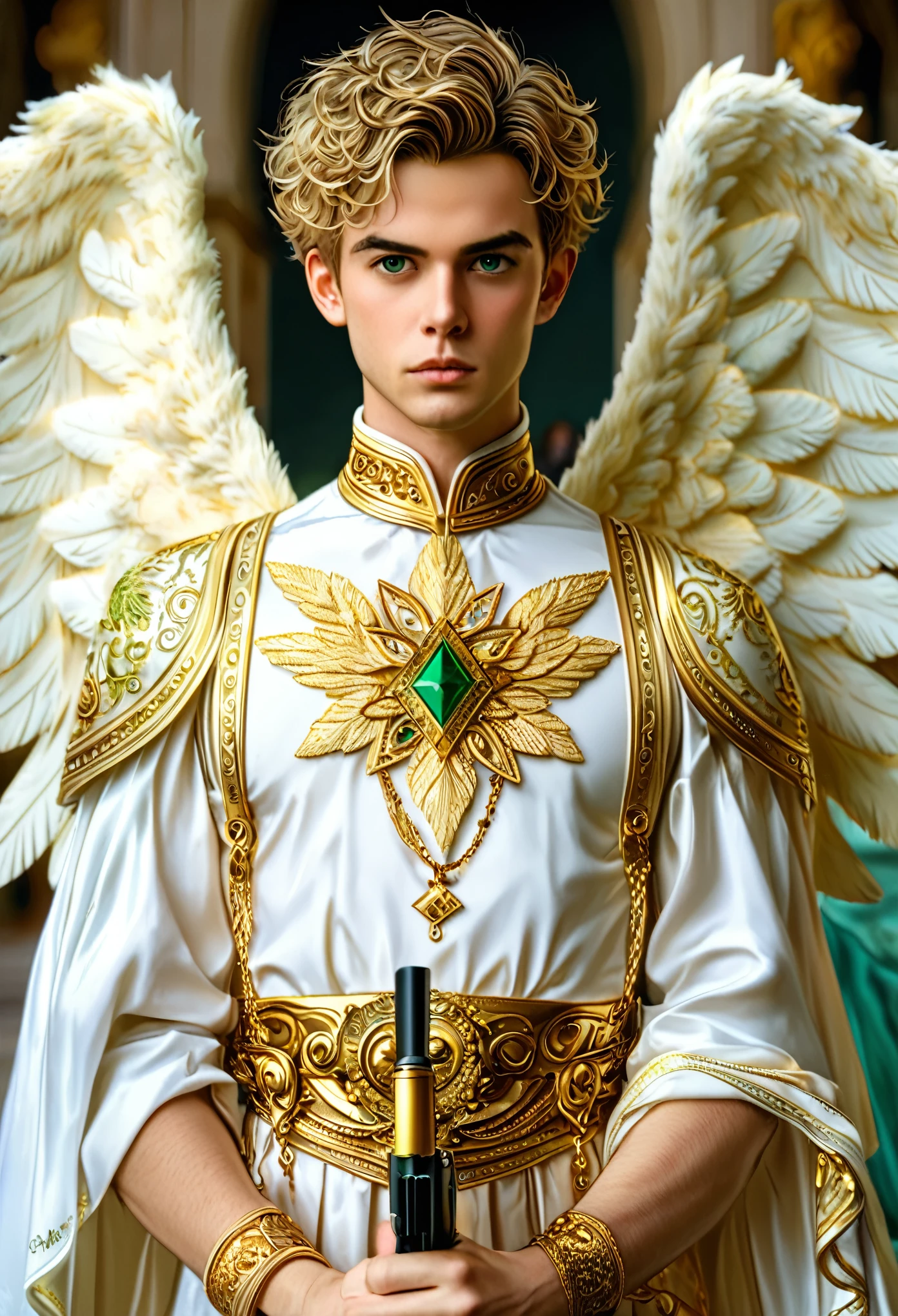 The image is a highly stylized and dramatic portrait of a person with fair skin and short, curly blonde hair. They are dressed in an elaborate, flowing garment of rich shades of green and gold, adorned with intricate embroidery. The guy has a serious expression and holds an incredible diamond-gold assault rifle. Notably, they have large golden angel wings attached to their backs, adding a fantastical element to the scene. The background includes architectural elements with a classical design, suggesting a grand and historic setting. The overall composition combines elements of fantasy and modernity, creating a striking and thought-provoking look.