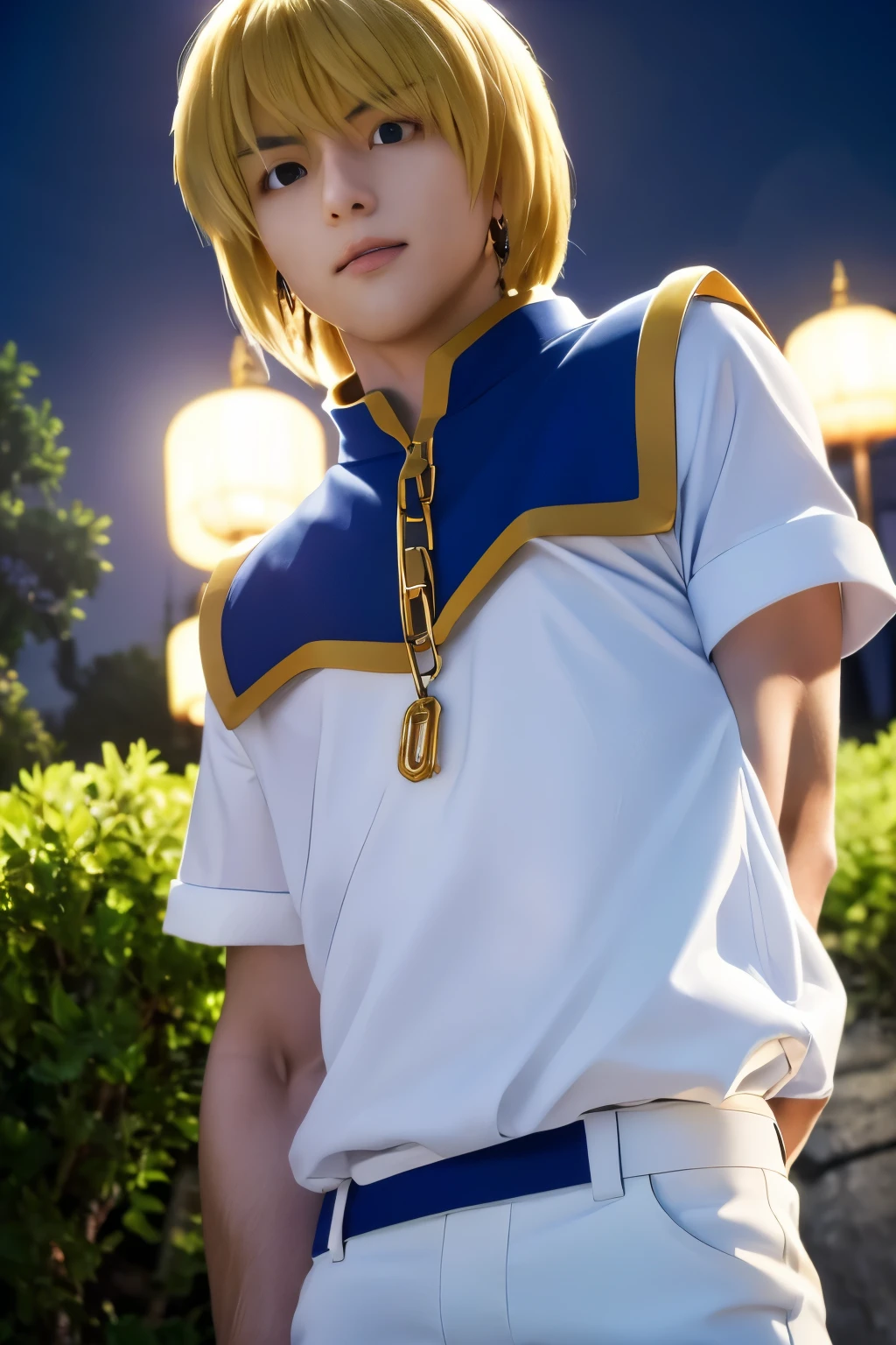 1boy, masterpiece, realistic, absurdres, best quality, high resolution, (Kurapika), japanese boy, very handsome, perfect face, cute face, intricate detail, clear and beautiful detailed eyes, messy blonde short hair, shiny hair, bangs, blue tabard, white shirt, white pants, gold trim, holdig a chain, chains flying, slim muscular, handsome muscle, detailed skin, perfect hand, good anatomy, looking at camera, action scene, dynamic pose, fantasy, night, tree, Moonlight at night, wilderness, flowers, skynight, studio lighting, soft light, upper body portrait, front view, Professional photography, 8K UHD,