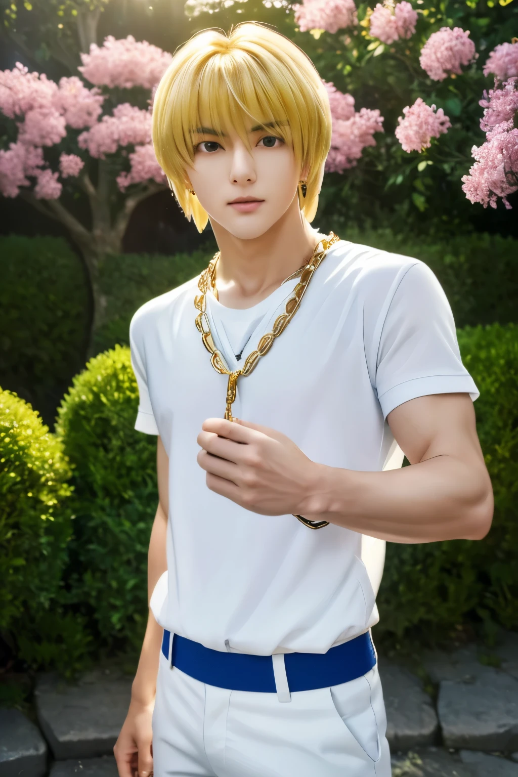 1boy, masterpiece, realistic, absurdres, best quality, high resolution, (Kurapika), japanese boy, very handsome, perfect face, cute face, intricate detail, clear and beautiful detailed eyes, messy blonde short hair, shiny hair, bangs, blue tabard, white shirt, white pants, gold trim, holdig a chain, chains flying, slim muscular, handsome muscle, detailed skin, perfect hand, good anatomy, looking at camera, action scene, dynamic pose, fantasy, night, tree, Moonlight at night, wilderness, flowers, skynight, studio lighting, soft light, upper body portrait, front view, Professional photography, 8K UHD,