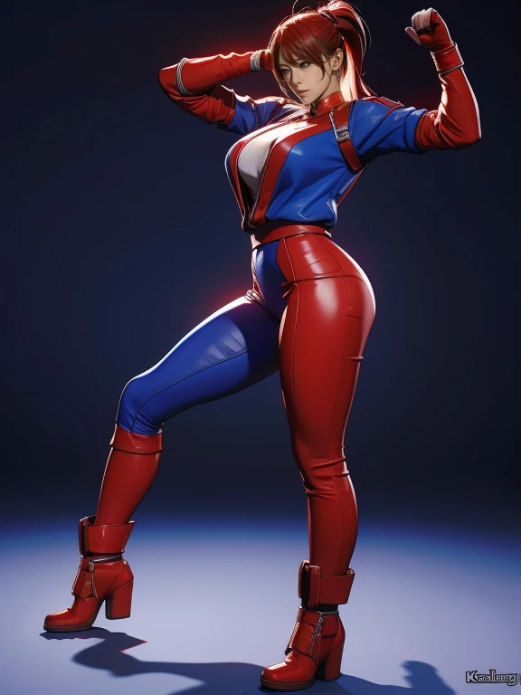 Heavyweight woman in red and blue clothes posing, Fighting game characters, 3d character art 8k, Asuka, As a character in Tekkun, King of Fighters characters, Fighter Pose, Mirabelle Madrigal&#39;s Rendering, Combat pose, 3D Character Art, 8k octa-rendered photo, she&#39;Ready to fight, Combat pose