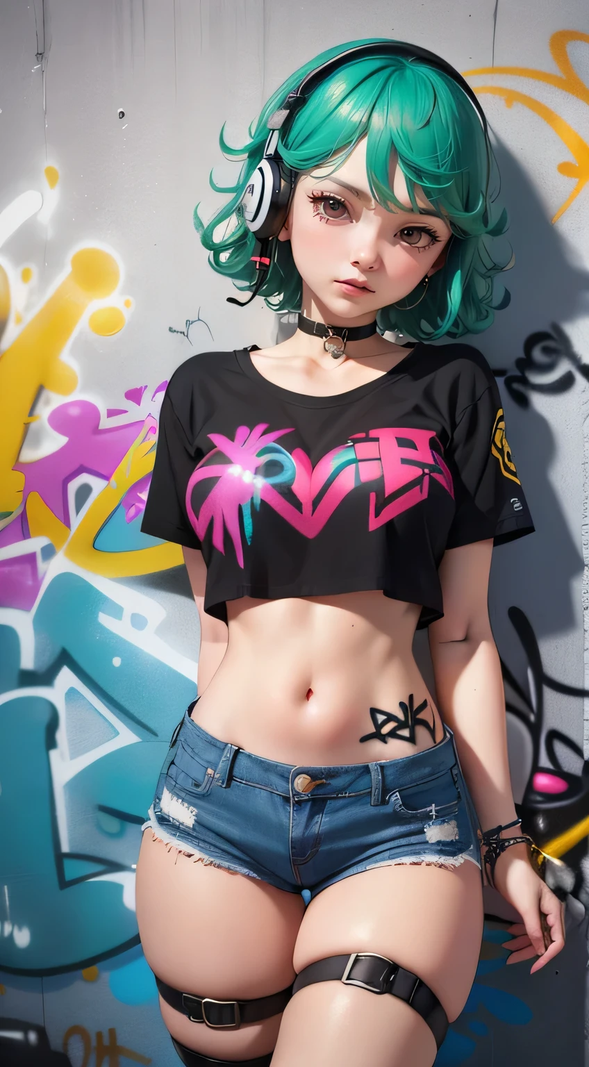 masterpiece, best quality, (extremely detailed CG unity 8k wallpaper, masterpiece, best quality, ultra-detailed, masterpiece, best quality, 1girl, solo, crop top, denim shorts, choker, (graffiti:1.5), paint splatter, arms behind back, against wall, looking at viewer, armband, thigh strap, paint on body, head tilt, bored, multicolored hair, aqua eyes, headset, Tatsumaki,