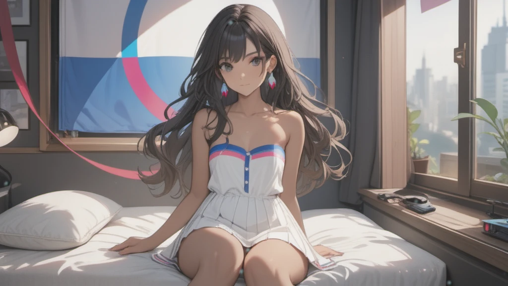 (((Adult woman)): (white pleated miniskirt, pink lace strapless cropped, black eyes, ((brown skin)), dark skin, showing the whole body, ((black hair, long wavy hair)), Dress with trans flag colors(white, blue, pink),(High heel sandals ). Closed mouth )); full body shot, cute smile ((Sitting on bed)), Playing videogame, joystick in hands, bedroom background. High quality. 4k, 8k, many details. Masterpiece, accurate, anatomically correct, posing, detailed background, better quality, original work Focus on details, Front view, earrings,  wind blowing through window, eye glasses, cute makeup 