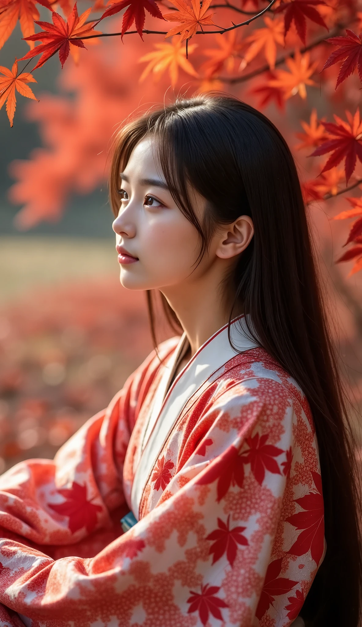 Realistic portrait of a young woman in traditional kimono, Sitting gracefully in a landscape of vibrant red maple leaves. Autumn leaves gently fluttering in the wind, Add a dynamic and poetic element to the scene. Her long hair flows gently, Her expression is calm, Staring to the side in silent thought. warm, Natural light highlights the intricate patterns on her kimono and the rich colors of the leaves., Creating a harmonious balance between Hegre and the surrounding nature. The atmosphere is calm and cinematic., Combining feminine beauty with autumn elegance

