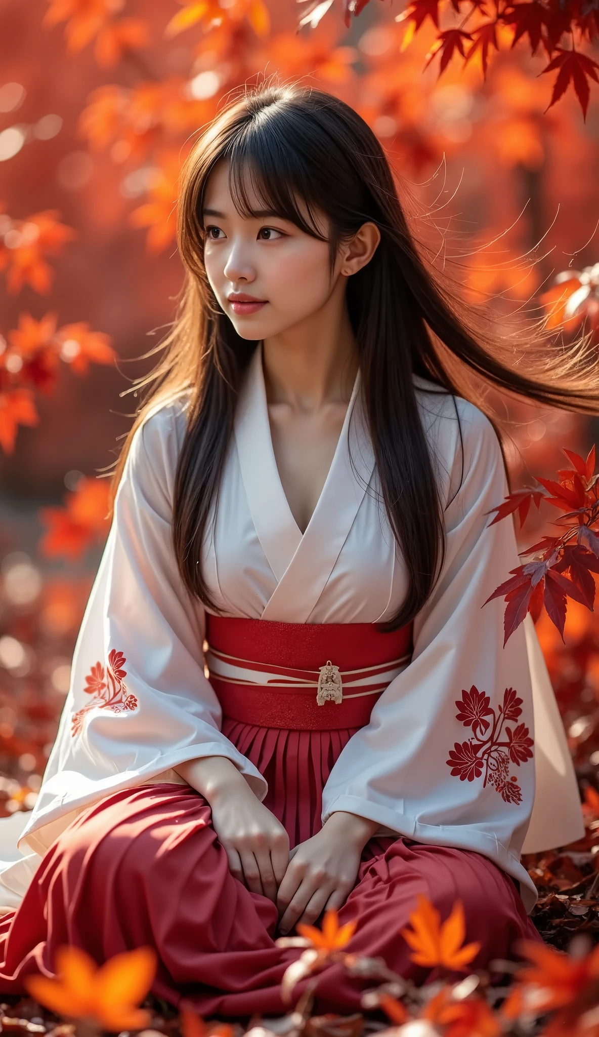 Realistic portrait of a young woman in traditional kimono, Sitting gracefully in a landscape of vibrant red maple leaves. Autumn leaves gently fluttering in the wind, Add a dynamic and poetic element to the scene. Her long hair flows gently, Her expression is calm, Staring to the side in silent thought. warm, Natural light highlights the intricate patterns on her kimono and the rich colors of the leaves., Creating a harmonious balance between Hegre and the surrounding nature. The atmosphere is calm and cinematic., Combining feminine beauty with autumn elegance

